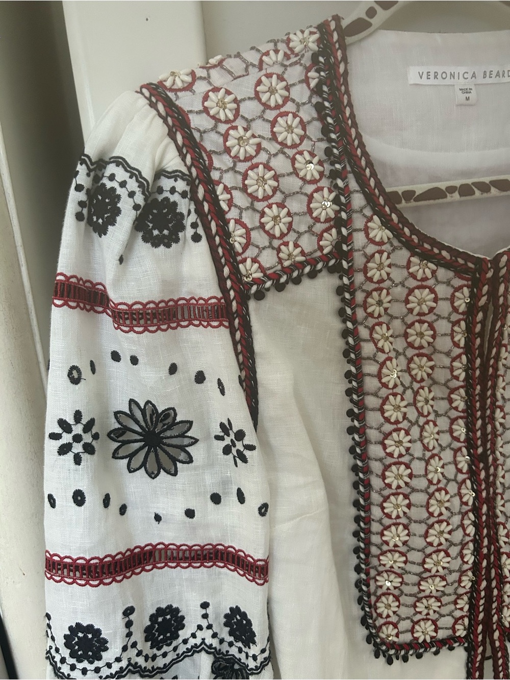 Veronica Beard White Embroidered Jacket with Burgundy and Black Accents - Picture 7 of 10